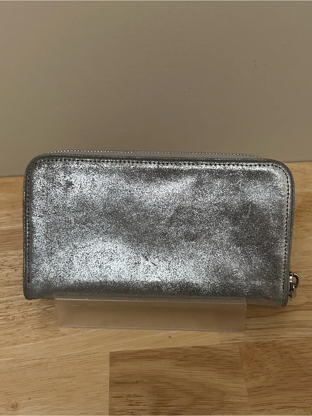 Tory Burch Silver Metallic Logo Zip Wallet